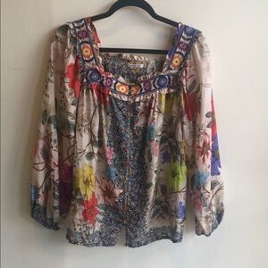Johnny Was Multicolor Floral Embroidered Blouse